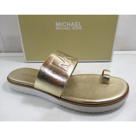 Michael Kors Rosa Metallic Slide Toe Ring Flat Sandal MK Logo Pale Gold Size 8.5 - Picture 1 of 10